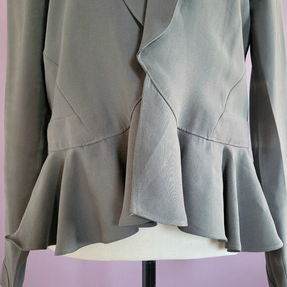 BCBGeneration Sage Green Open Front Buttoned Lapel Peplum Ruffle Hem Jacket - Picture 6 of 16